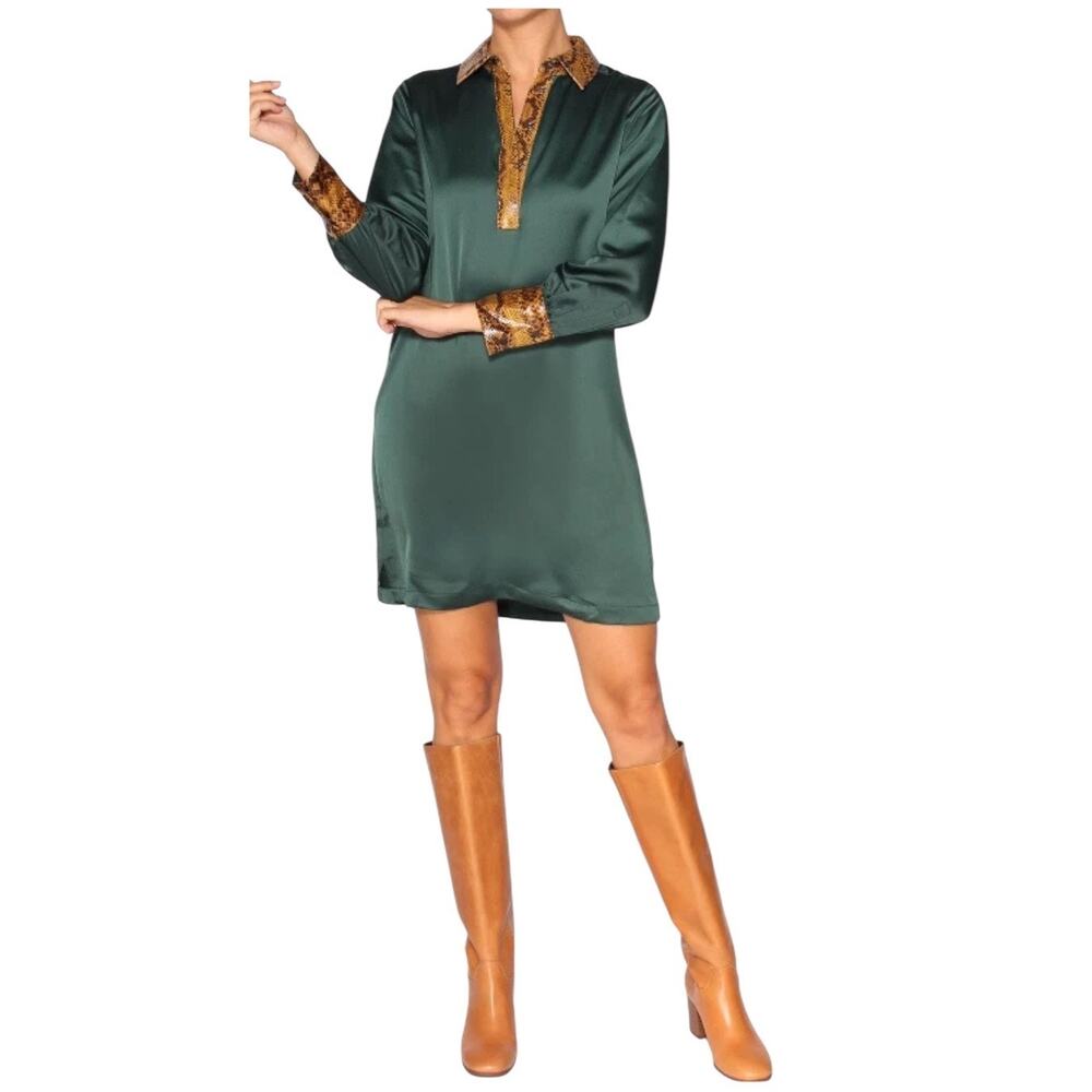 Scotch & Soda Womens Green Silky 1/4 Button Long Sleeve Snakeskin Dress Sz S